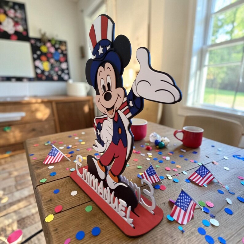 Puede incluir: Una figura de madera de Mickey Mouse con atuendo patri&oacute;tico, con una combinaci&oacute;n de colores rojo, blanco y azul. La figura est&aacute; sobre una base roja con el nombre "EMMANUEL" en blanco. Peque&ntilde;as banderas americanas y confeti.