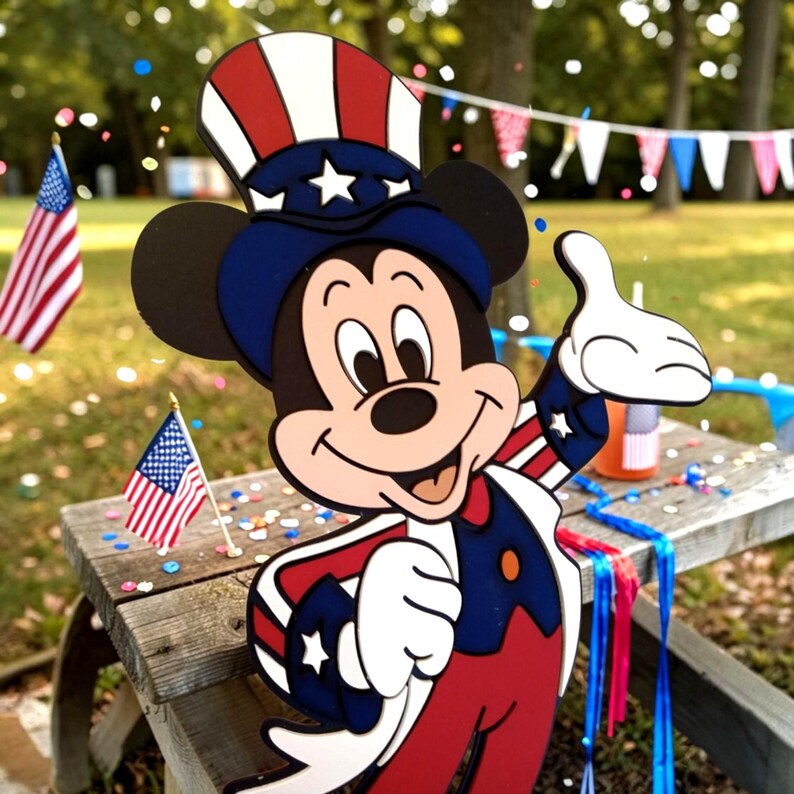 Puede incluir: Recorte de madera de Mickey Mouse vestido con atuendo patri&oacute;tico, incluyendo un sombrero y traje del T&iacute;o Sam rojo, blanco y azul. El personaje hace un gesto de aprobaci&oacute;n, con banderas americanas y confeti en el fondo.