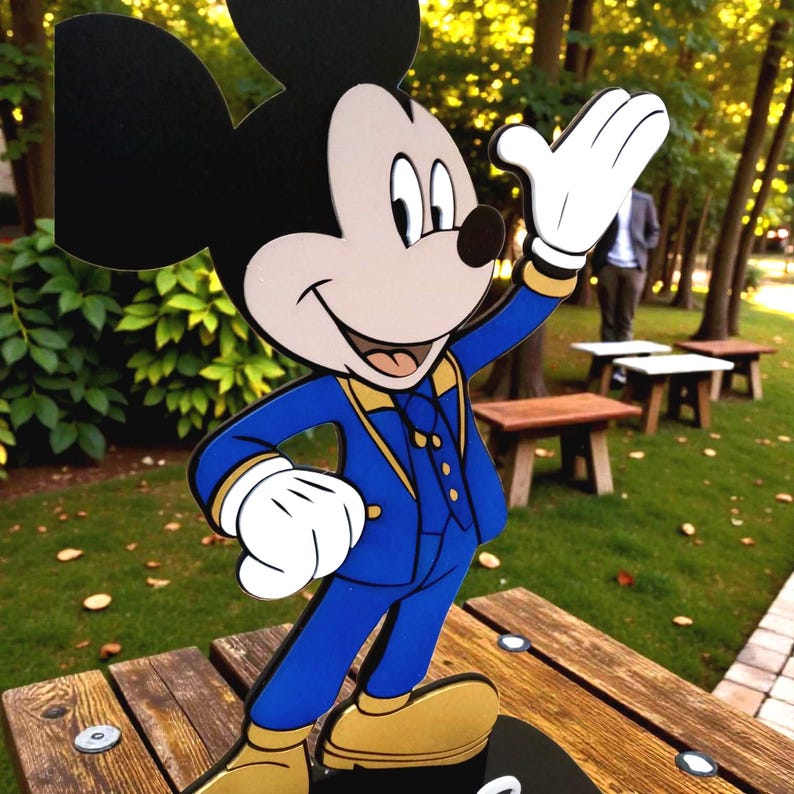 K&ouml;nnte beinhalten: Ein Holzausschnitt von Mickey Mouse in einem blauen Anzug mit goldenen Akzenten, der auf einer Holzoberfl&auml;che steht. Die Figur hat schwarze Ohren, ein wei&szlig;es Gesicht und wei&szlig;e Handschuhe, mit einer einladenden Geste. Der Hintergrund umfasst B&auml;ume und kleine Tische.
