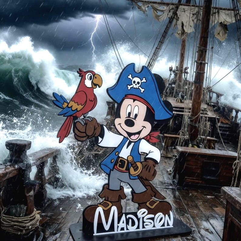 May include: A wooden cutout of Mickey Mouse dressed as a pirate, with a red and blue parrot perched on his hand. The pirate Mickey wears a blue hat with a skull and crossbones, a blue vest, and brown boots. The name "Madison" is displayed at the base.
