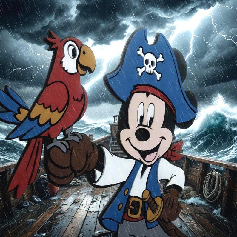 May include: A wooden pirate-themed artwork featuring Mickey Mouse in a blue pirate hat with a skull and crossbones, a red parrot, and a stormy sea background. Mickey is holding a sword. The parrot is perched on a brown wooden arm.