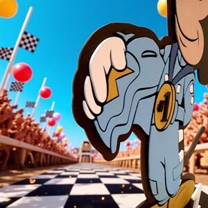 May include: A cartoon character in a blue racing suit with a gold medal. The medal has a number one on it. The background shows a checkered race track with flags and a blue sky.