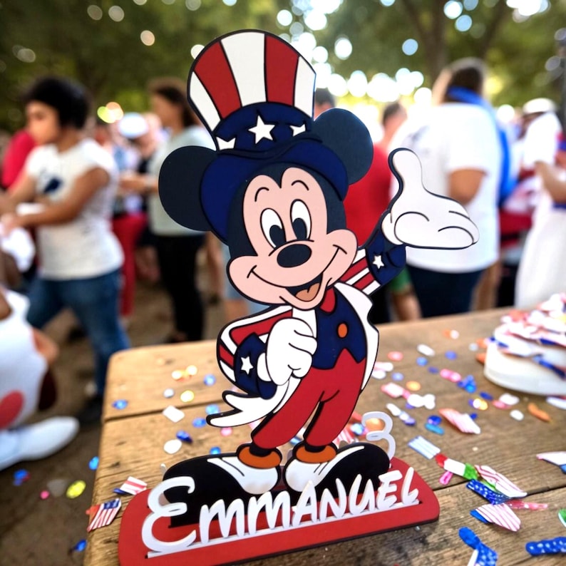 Puede incluir: Un recorte de Mickey Mouse con colores patri&oacute;ticos, con un dise&ntilde;o rojo, blanco y azul. El personaje lleva un sombrero de copa y saluda con la mano. El nombre "Emmanuel" se muestra en una base roja. Hay confeti esparcido alrededor de la base.