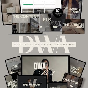 Puede incluir: Un collage de productos y recursos digitales para empresarios online. La imagen presenta varias pantallas de portátiles y tabletas que muestran títulos como "The Content Vault", "The Ultimate Reels Guide", "The Ultimate Branding Guide", "DWA Vol. 2", "The "V Theory"" y "Instagram Optimization".