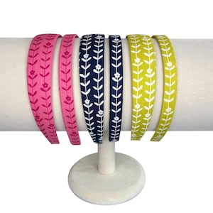 Fabric covered headbands for women or girls in hot pink, navy and lime. Hair accessories turbans knotted wide boho.