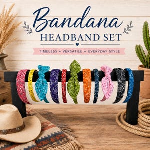 May include: A collection of bandana headbands in a variety of colours, including pink, yellow, turquoise, purple, red, green, orange, navy, pink, black and blue. The headbands are displayed on a black stand. Text reads "Bandana HEADBAND SET".