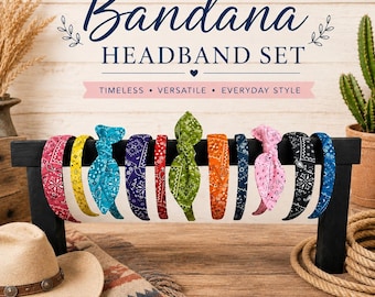 Bandana print headbands women, covered in blue, pink, red, green, yellow.