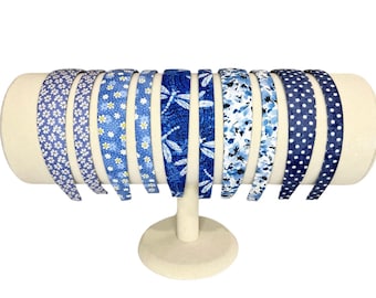 Blue headbands  for women or girls, with floral, polkadots, and dragonflies.