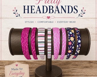 Headbands for women covered in pink, blue, and stripes.
