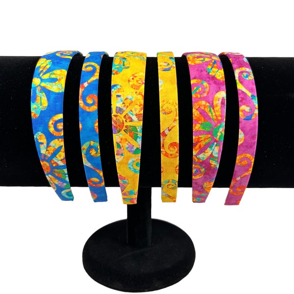 Headbands for women and children, covered in boho/kaleidoscope prints-blue, yellow, magenta fabric.