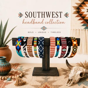 May include: A display of Southwest-style headbands on a dark wooden stand. The headbands showcase diverse patterns, such as geometric designs, stripes, and tribal motifs. The text "SOUTHWEST headband collection" is visible at the top.