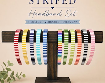 Headbands for women covered in 1/8” stripes, 11 colors available.