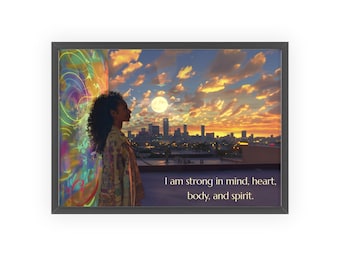 Soy fuerte en mente, corazón, cuerpo y espíritu. / Impresión de arte de manifestación inspiradora y empoderadora / Luna llena, Sol / Afirmación