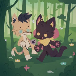 May include: Illustration of two cartoon fox-like creatures in a forest setting. One is tan with glasses, the other is dark brown with a yellow collar and pink accents. The background features trees, flowers, and butterflies.