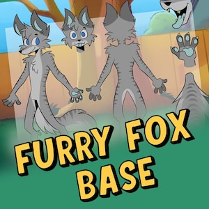 Puede incluir: Una base de diseño de personaje de zorro gris y peludo con diferentes poses y partes del cuerpo. La base incluye una vista frontal de cuerpo completo, una vista posterior de cuerpo completo, cabeza, pata y cola. El texto "FURRY FOX BASE" está en letras amarillas sobre un fondo verde.