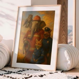 Funny First Responder Animal Wall Art Printable | Firefighter Elephant | Police Dog | Paramedic Fox Illustration
