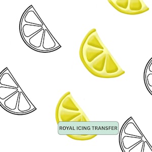 May include: A pattern of lemon slice illustrations on a white background. Some slices are yellow, others are black outlines. The text "ROYAL ICING TRANSFER" is in a green rectangle.
