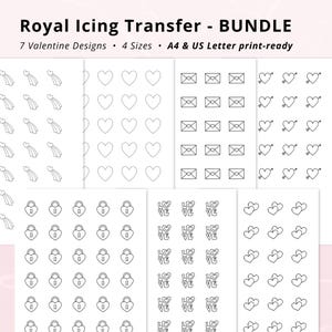 Könnte beinhalten: Ein Bundle mit Royal Icing Transfer Designs für den Valentinstag. Die Designs umfassen Herzen, Umschläge, Schlösser und das Wort "LOVE". Der Text "Royal Icing Transfer - BUNDLE" steht oben.