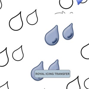 May include: A white background with a pattern of outlined and shaded teardrop shapes. The shaded teardrops are light blue with a dark blue accent. The text "ROYAL ICING TRANSFER" is in a light blue rectangle.