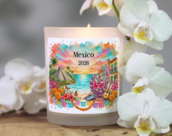 Mexican Candle Gift, Custom Mexico Souvenir Favor Gift, Travel Candle, Mexico Wedding Favor, Mexico Vacation, Cabo Trip, Destination Reveal