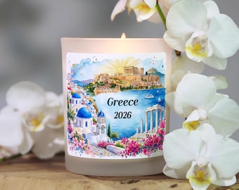 Greece Candle Keepsake, Travel Candle, Greece Souvenir Favor Gift, Greece Trip Reveal, Greece Vacation, Santorini Gift, Mediterranean Travel