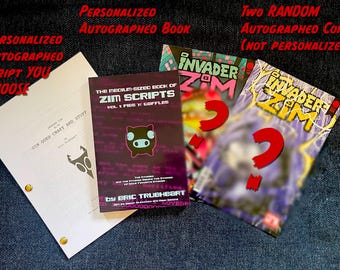 Bundle: Invader ZIM autographed book and script with bonus comic books and small envelope of tiny weird objects!