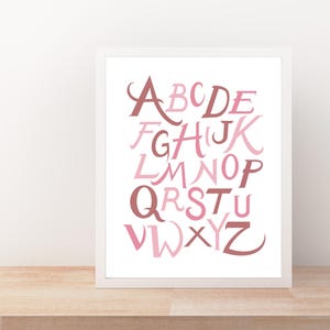 ABC-afdruk, alfabet, illustratie, roze, blauw, kinderkamer, inrichting kinderkamer, babycadeau, ABC-poster, babymeisje, babyjongen 16 x 20 inch