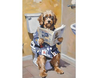 May include: A brown and white dog wearing glasses and a blue robe sits on a white toilet and reads a newspaper.