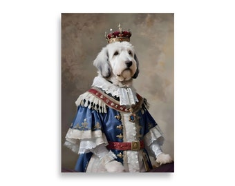 May include: A white dog wearing a blue and gold royal robe with a red sash and a gold crown. The dog is standing on a brown background.