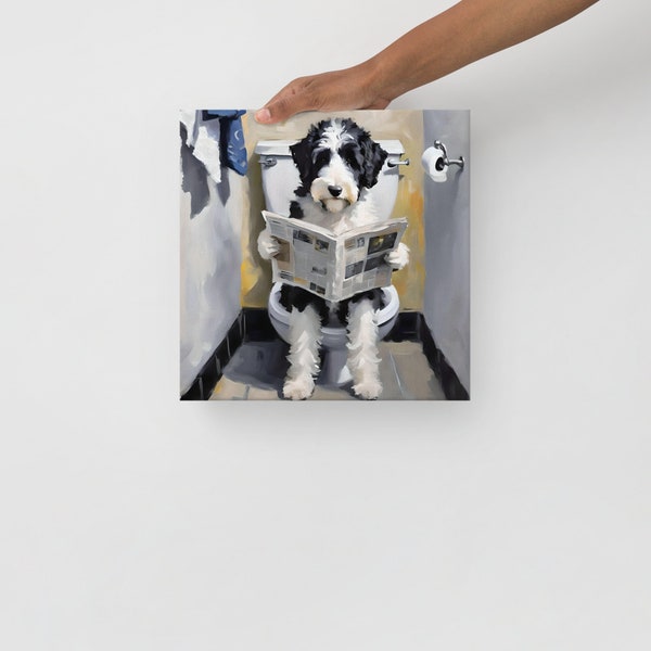 Sheepadoodle sitting on Restroom toilet  | Thin canvas