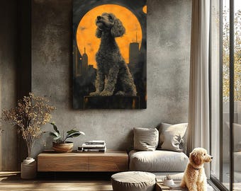 May include: A canvas print featuring a gray poodle silhouette against an orange moon and a cityscape. The dog is sitting upright, gazing upward. The artwork is displayed in a modern living room setting.