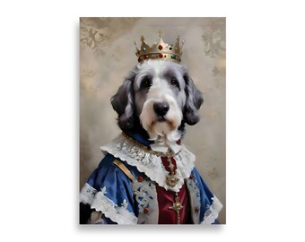 May include: A portrait of a dog wearing a blue and red royal robe, a gold crown with jewels, and a gold necklace. The dog has a white and gray coat and is looking directly at the viewer.