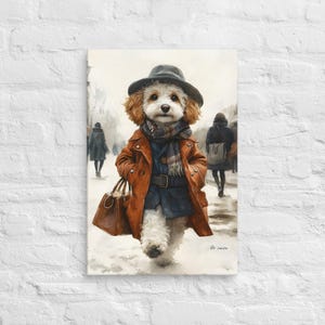 Elegant Cavapoo i klassisk outfit - Lyxig hundväggkonst på canvas | Söt långhårig Cavapoo-målning för modeälskare | Canvas
