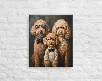 May include: A painting of three brown poodles wearing glasses and formal attire. The two larger poodles are wearing bow ties and the smaller poodle is wearing a white shirt and a bow tie. The poodles are standing in front of a dark background.