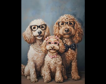 May include: A painting of three dogs wearing glasses. The dog on the left is wearing a pearl necklace. The dog in the middle is wearing pink glasses and a pink bow. The dog on the right is wearing a black bow tie.