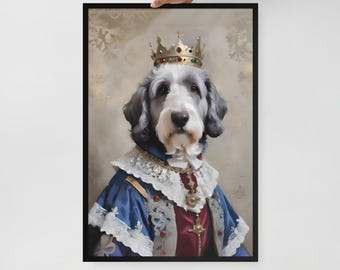May include: A portrait of a dog wearing a blue and red royal robe, a gold crown, and a gold necklace. The dog has white fur and black fur around its eyes and ears. The background is a light brown color.