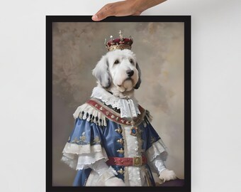 May include: Framed portrait of a dog dressed in royal attire. The dog wears a crown and a blue and white robe with gold accents. The portrait is set against a neutral background and held by a person.