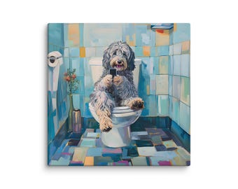 May include: A painting of a dog sitting on a toilet in a bathroom. The dog is holding a smartphone in its paws and looking at the screen. The bathroom is tiled in blue and white.