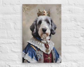 May include: A portrait of a dog wearing a gold crown and a blue and red robe with white lace trim. The dog has a white and gray coat and is looking directly at the viewer.