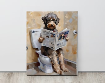 May include: A brown and black dog wearing glasses sits on a white toilet and reads a newspaper titled "I Hold My Breath Till Monday".