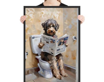 May include: A brown and black dog wearing glasses sits on a white toilet and reads a newspaper. The dog is wearing a red bow tie. The background is a yellow wall with a white door.