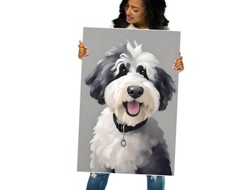 May include: A black and white dog with a happy expression is featured in a digital painting. The dog has a black collar with a silver ring. The painting is on a gray background.