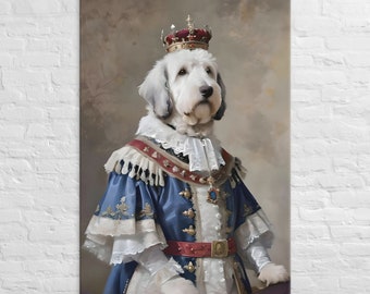 May include: A white dog wearing a blue and gold royal robe with a red sash and a gold crown. The dog is standing on a brown background.