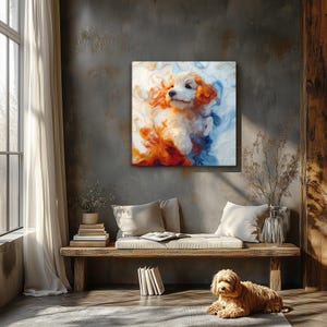 Könnte beinhalten: Abstraktes Gemälde eines weißen Welpen mit orangefarbenen, blauen und weißen Wirbeln. Der Welpe schaut nach rechts im Bild.