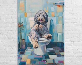 May include: A painting of a dog sitting on a toilet in a bathroom. The dog is holding a smartphone in its paws and looking at the screen. The bathroom is tiled in blue and white, and there is a window in the background.