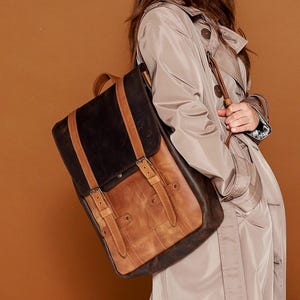 May include: A brown and black leather backpack with a flap closure and adjustable straps. The backpack is worn with a tan trench coat, blue jeans, and white sneakers. The background is a solid brown.