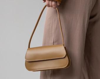 Leather minimalist shoulder bag, small women handbag, personalized top handle purse for her