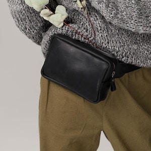 Umhängetasche aus Leder, Gürteltasche aus Leder, schwarze Bauchtaschen, Gürteltasche aus Leder, Geschenk für Freundin, schwarze Leder Umhängetasche