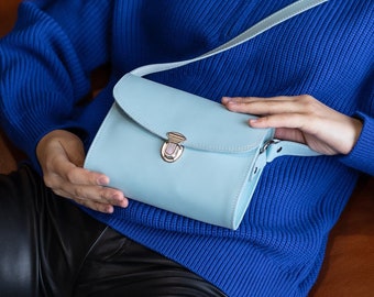 Blue women's leather handbag, mini bag, small bag, crossbody bags, birthday gift, fashion shoulder bag