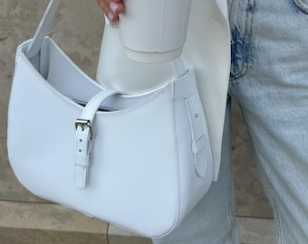 White leather shoulder bag, elegant work bag for her, personalized purse birthday gift for women